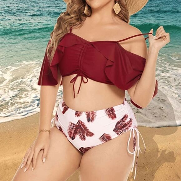 Plus Size Colorblock Tropical Print Drawstring Bikini Set sz 3X - Picture 5 of 10